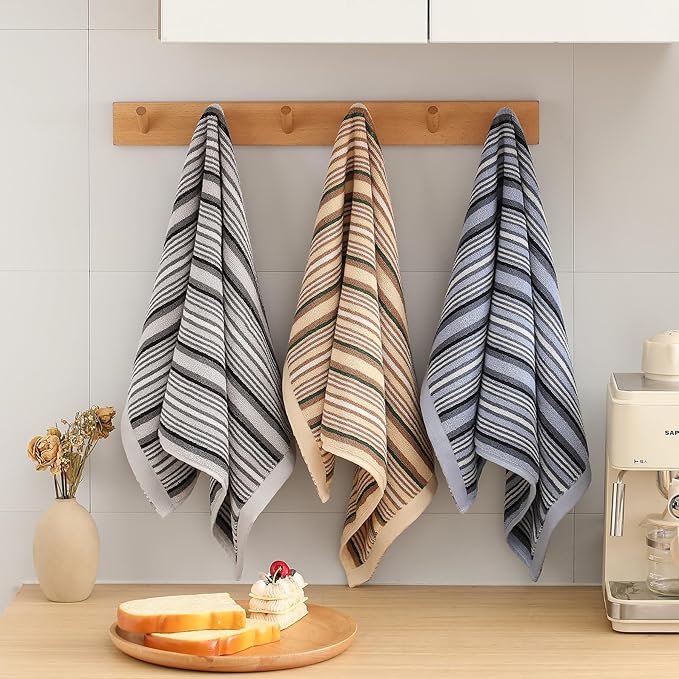 SALAS Kitchen Dish Towels for Drying Dishes, Large Cotton Kitchen Towels, Stripped Terry Dish Cloths, Thick Highly Absorbent Towel Sets with Hanging Loop, 16" X 26", 6 Packs Multi-Color