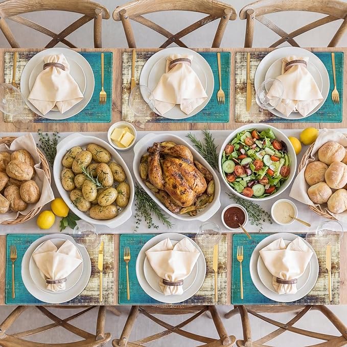 Emvency Farmhouse Placemats Set of 6, Abstract Teal Coastal Rustic 12x18 Inch Linen Rectangular Place Messy Rust Vintage Table Mats for Indoors & Outdoor Home Party Kitchen Dining Decoration