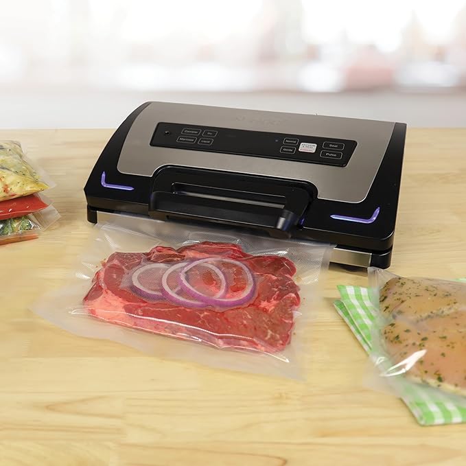 Nesco Premium Vacuum Sealer Kit featuring LiquidLock™, Includes large variety of Bags and Rolls VS-22LB, Built-in Canister Sealing Function