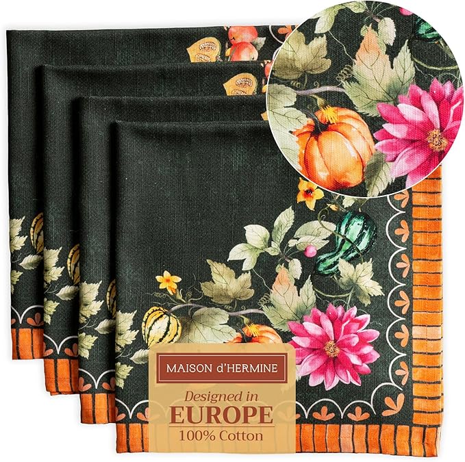 Maison d' Hermine Cloth Napkins Set of 4 100% Cotton for Thanksgiving Christmas Decorations Everyday Reusable Square Fall Napkins Cloth Washable Dinner Party (Pumpkin Garden - Dark Green, 20"x20")
