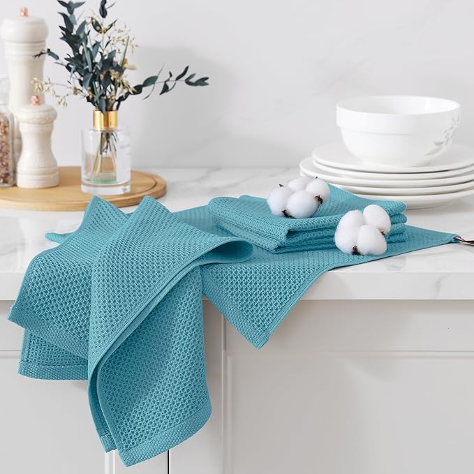 Kitinjoy 100% Cotton Kitchen Dish Cloths (12 X 12 Inches, Lake Blue), 6 Pack Waffle Weave Ultra Soft Absorbent Dish Towels for Drying Dishes Quick Drying Kitchen Towels Dish Rags