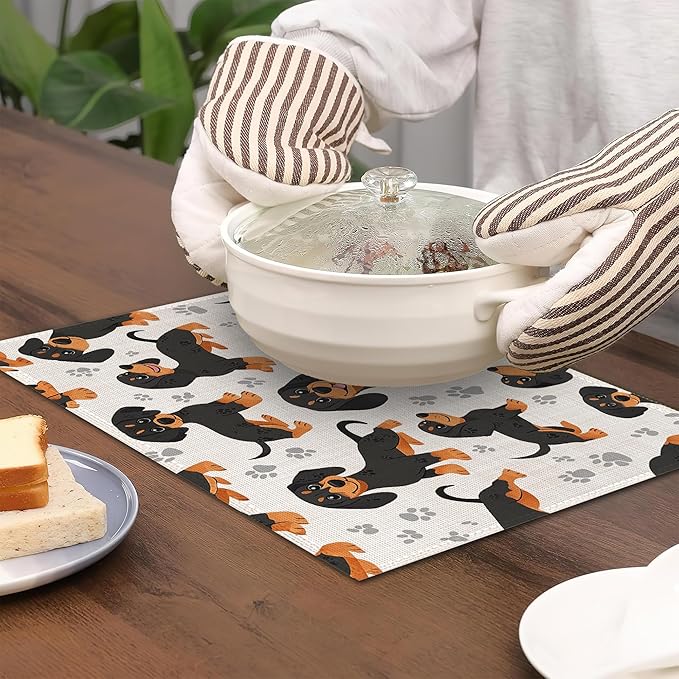 Dog Dachshund Placemats Set of 6, Grey Paws Waterproof Non-Slip Washable Table Mats for Kitchen Dining Holiday Party Wedding Decor 12x18 Inch
