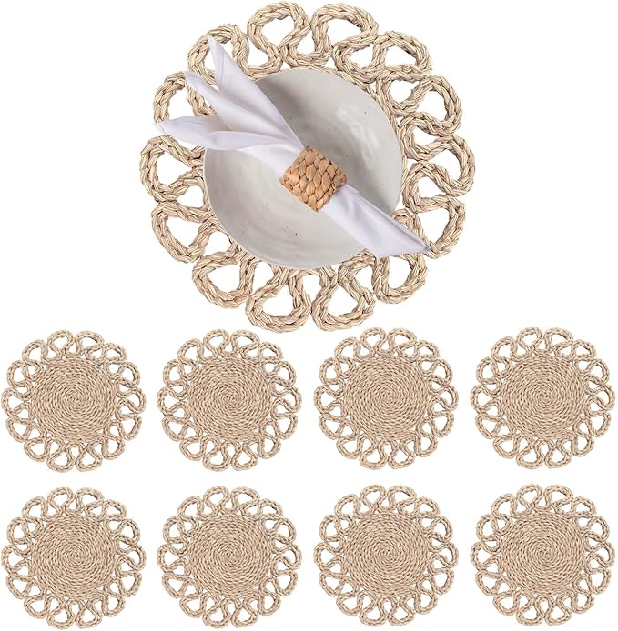 Laquedecraft 13.8" Set of 8 Round Seagrass Placemats | Boho Woven Rattan Table Mats | Farmhouse Wicker Spring Plate Chargers Like Water Hyacinth, Seagrass for Wedding, Party, Christmas, Events