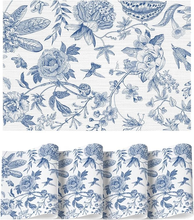 Artoid Mode Blue Floral Brids Spring Vinyl Placemats Set of 4, Washable Heat Resistant Non-Slip Woven Plastic PVC Place Mats for Farmhouse Holiday Party Dining Table Decor