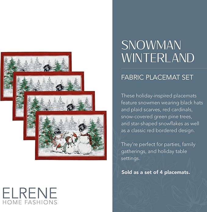 Elrene Home Fashions Snowman Winterland Holiday Snowflake Placemats, Set of 4, 13 Inches x 19 Inches