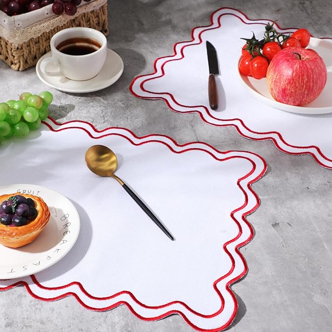 HunnmingRe Set of 6 Cotton Linen Placemats, 13x19 Inch Scalloped Wavy Embroidery Placemat Double Layered Washable Rustic Rectangle Dinner Table Mats for Wedding Home Decor(White with Red)