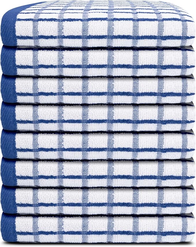 White Classic Premium Dish Towels for Kitchen, with Hanging Loop [8 Pack] Heavy Duty Absorbent 100% Cotton 410 GSM Terry Kitchen Towels, 16x26 (Blue)