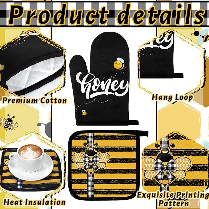 Leinuosen 6 Bee Kitchen Towels Kitchen Decor and Accessories Set Floral Plant Oven Mitts and Pot Holders Sets Farmhouse Absorbent Dish Towels for Cooking Baking Grilling