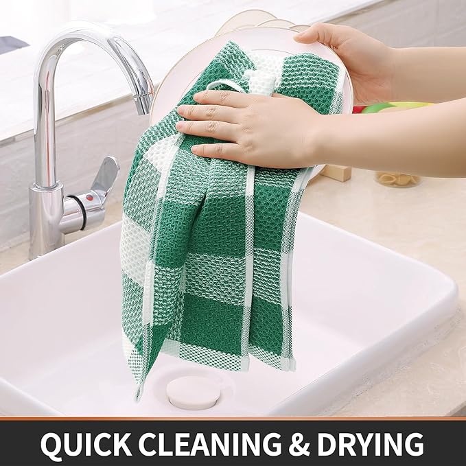 Homaxy 100% Cotton Waffle Weave Check Plaid Dish Cloths, 12 x 12 Inches, Super Soft and Absorbent Dish Towels Quick Drying Dish Rags, 6-Pack, White & Dark Green