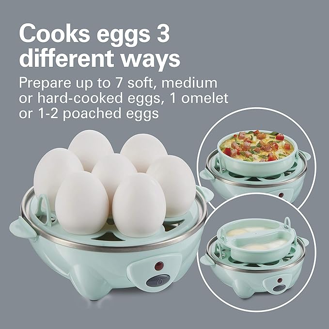 Hamilton Beach 3-in-1 Electric Egg Cooker for Hard Boiled Eggs, Poacher Eggs, Omelet Maker & Vegetable Steamer, Holds 7, Mint (25504) (Pack of 2)
