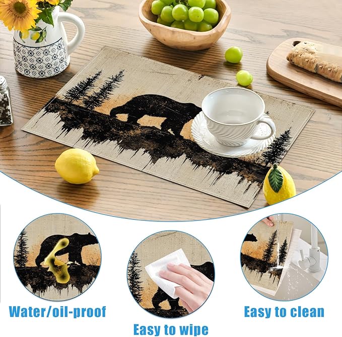 Retro Bear Pine Tree Placemats Set of 6, Vintage Washable Linen Place Mat Heat Resistant Non Slip Kitchen Dining Table Mats 12x18 Inch