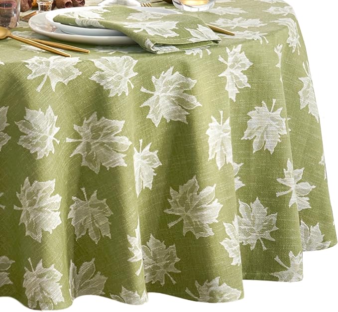 Elrene Home Fashions Falling Leaves Jacquard Harvest/Thanksgiving Cotton Tablecloth, 60"x84" Oval, Green