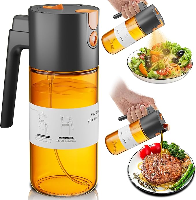 LUKUMIQI 2 in 1 Oil Sprayer for Cooking, 17oz Light-Blocking Glass Spray Bottle with Stickers, Oil Dispenser for Salad, Air Fryer & BBQ