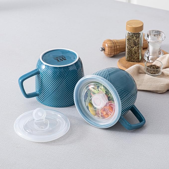 Ceramic Soup Bowl with Lid & Handle: 32 oz Microwave Safe Food Container for Ramen Noodles Cereal Leftovers - Extra Large Mugs for Breakfast Lunch Picnic Camping - Sky Blue, Set of 2