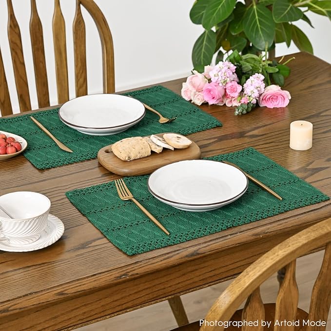 Artoid Mode Dark Green Farmhouse Woven Rustic Hollow Placemats Set of 4,12x18 Inch Seasonal Holiday Table Mats Party Kitchen Dining Decoration