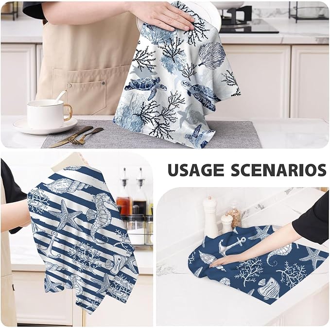 Blue Nautical Seahorse Corals Sea Turtle Kitchen Dish Towels Decorative Set of 4, Absorbent Coastal Tea Hand Towels for Kitchen Farmhouse Housewarming Bar Ocean Themed Decor