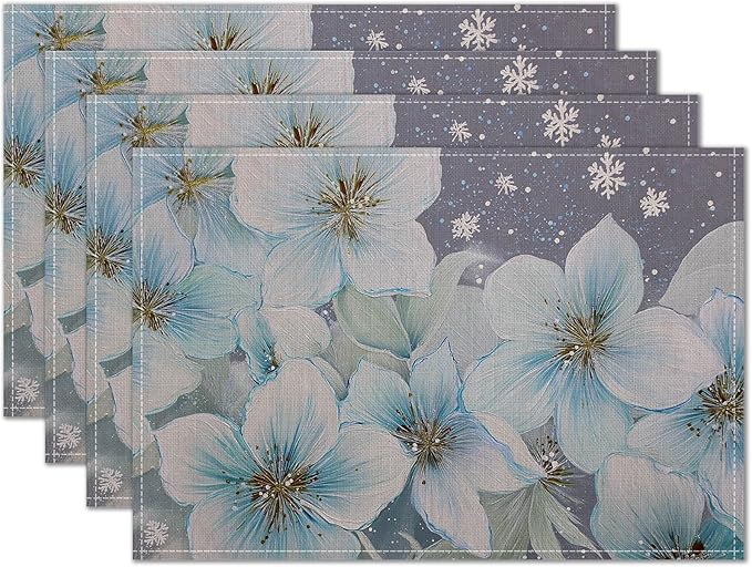 HOMETITUTE Placemats Set of 4 12x18 inch Blue Floral Table Mats for Dining Table Linen Placemats Farmhouse Decorations Kitchen Decor Desk Mat for Outdoor Home Party Kitchen Seasonal Dining