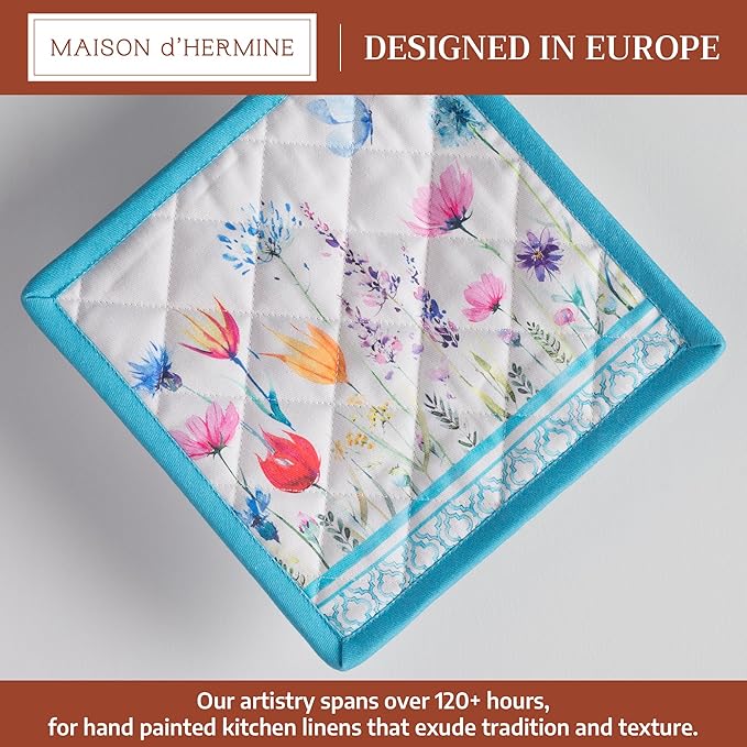 Maison d' Hermine Pot Holders 100% Cotton Heat Resistant Potholders 8" x 8" Hot Pads with Loop BBQ Baking Gifts for Mothers Day Handling Hot Pans Spring/Summer (Pack of 1, Flower in The Field)
