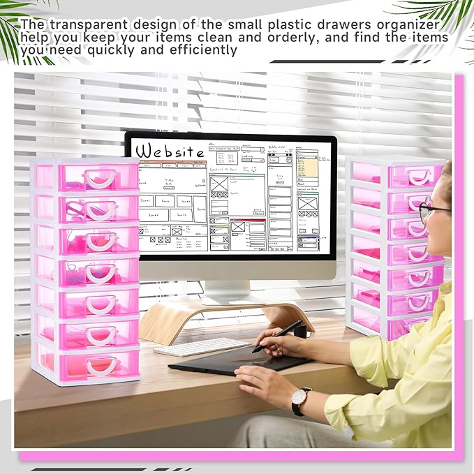 Thyle 2 Pcs Plastic Drawers Organizer Mini Organizer Stackable Plastic Clear Drawer Storage Box Containers Storage Units for Desktop Classroom Craft 6.7 x 4.9 x 13.4 inches(Rose Red)