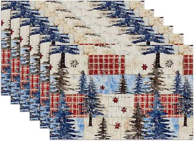 Winter Christmas Tree Placemats Set of 6, Washable Heat Resistant Table Mat Festival Linen Place Mats for Party Kitchen Dining Home Decor 12x18 Inch