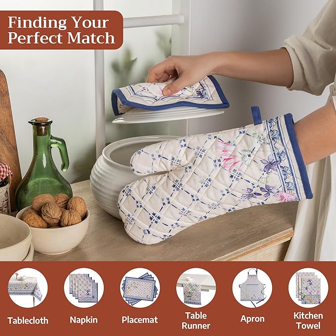 Maison d' Hermine 100% Cotton Oven Mitt & Pot Holder Set (7.5"x13" & 8"x8") Heat Resistant BBQ Cooking Gloves with Loop Baking Grilling Kitchen Gifts for Mothers Day Spring/Summer (Faience)