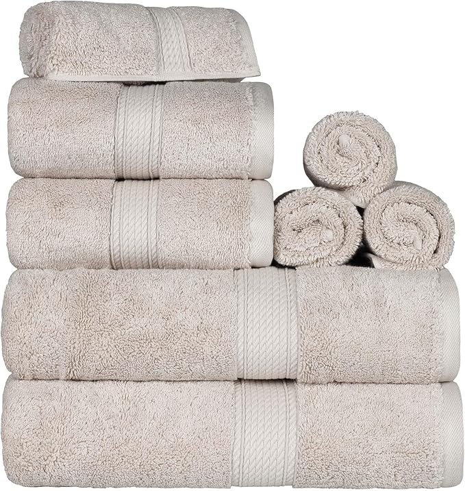 SUPERIOR Egyptian Cotton Pile 8 Piece Towel Set, Includes 2 Bath, 2 Hand, 4 Face Towels/Washcloths, Ultra Soft Luxury Towels, Thick Plush Essentials, Guest Bath, Spa, Hotel Bathroom, Stone