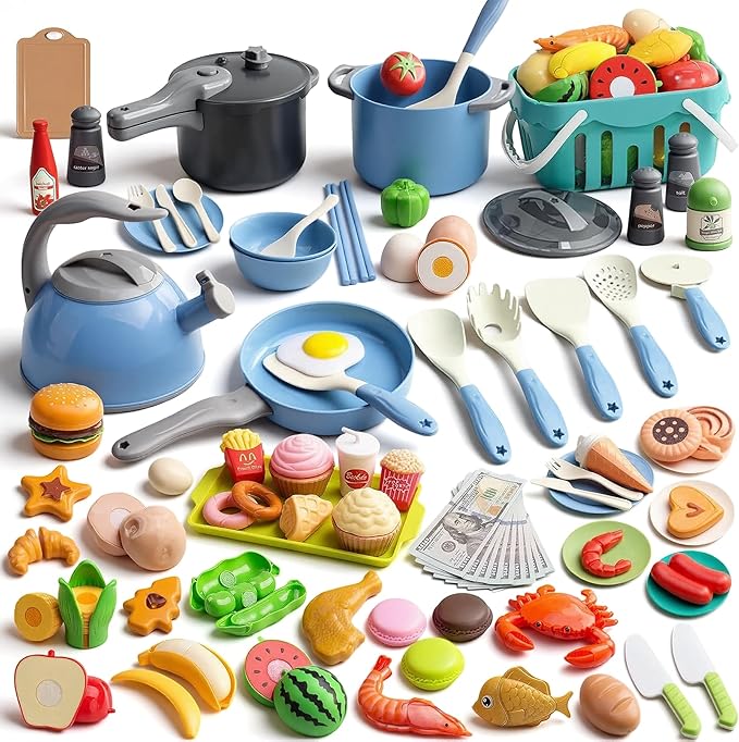 130Pcs Kitchen Playset, Toddler Pretend Cooking Play Pots, Pans, Utensils Cookware, Daily Food Fruit Veges, Shopping Storage Basket, Dessert, Prop Money, Learning Gift for Child (Blue)