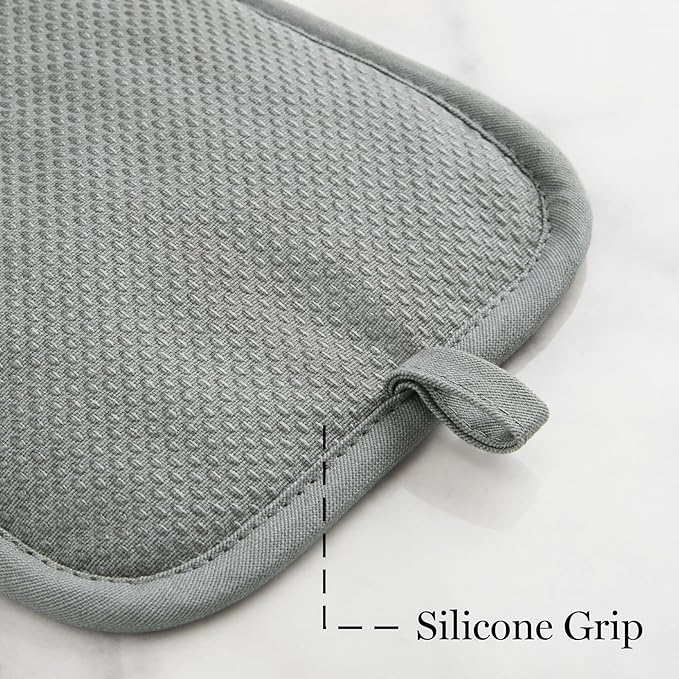MARTHA STEWART Honeycomb Quilted Chambray Pot Holder 2-Pack Set, 100% Cotton, Flexible Non-Slip Silicone Grip, Heat Resistant, Grey, 7"X10"