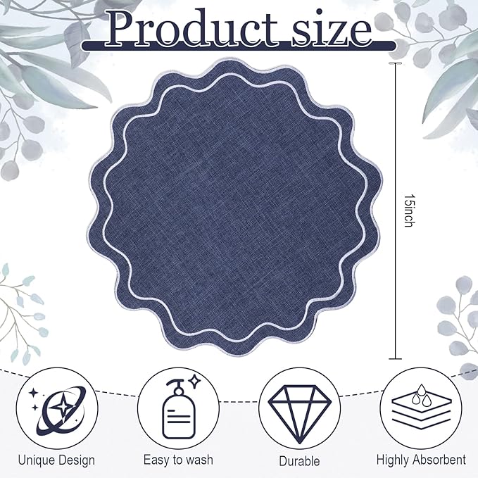 Set of 12 Cotton Linen Placemats, 15x15 Scalloped Flower Embroidery Cloth Table Mats Double Layered Fabric Washable Wrinkle Free Dining Placemat for Restaurant Kitchen Decor(Navy Blue)