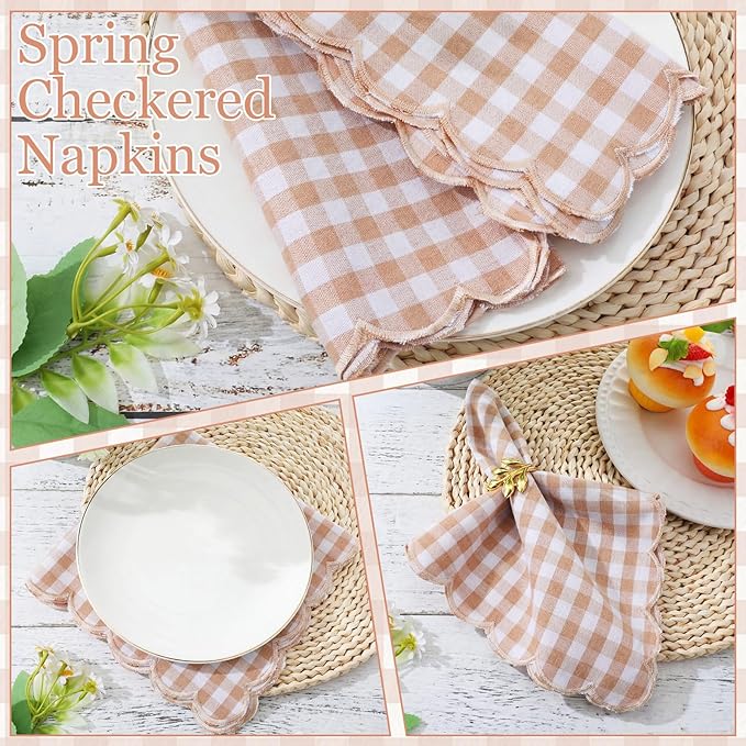 SmoothNovelty 12 Pack Buffalo Plaid Cloth Napkins 18x18 Inch Spring Checkered Cloth Napkins Scalloped Soft Cotton Table Mat Washable Reusable for Dinner Wedding Birthday Parties (Classic,Khaki)