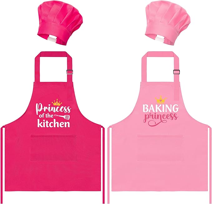 GROBRO7 4Pcs Kids Apron and Chef Hat Set Gift for Girls, Princess Kitchen Baking Princess Pattern Adjustable Kitchen Aprons with 2 Pockets Waterproof Smocks Hats for Baking Cooking Painting Training