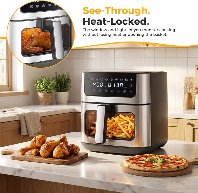 NEWBULIG Air Fryer 6.34QT, Airfryer with Visible Window, 400℉ Fast Heating Air Fryers Oven with Nonstick and Dishwasher-Safe Basket, 8-in-1 Cooking Preset, Timer，Auto-Off, Stainless Steel, Grey