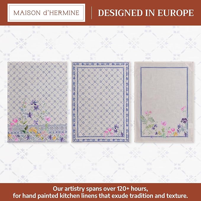 Maison d' Hermine Kitchen Towels Set of 3 100% Cotton 27.50" x 20" Reusable Cloth Tea Dish Towels Absorbent with Hanging Loop for Kitchen Gifts for Mothers Day Spring/Summer (Faience)