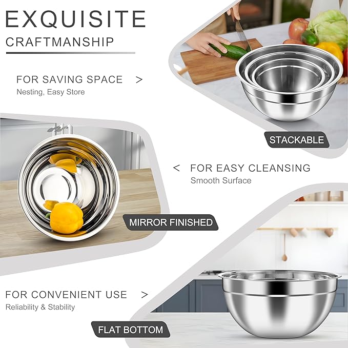 HaWare Mixing Bowls with Airtight Lids, 6-Piece Stainless Steel Salad Bowls, Strong Nesting Bowls for Cooking, Prepping, Baking, Serving & Food Storage, Stackable Design, Size 4.6, 3, 1.5QT, Khaki