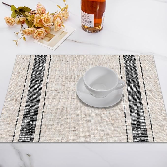 CSFOTO Modern Minimalist Line Decorative Placemats Set of 4 Heat-Resistant Non-Slip Kitchen Table Mats Khaki Woven Rectangle Placemats for Dining Table 18"x12" Washable, Black Stripe