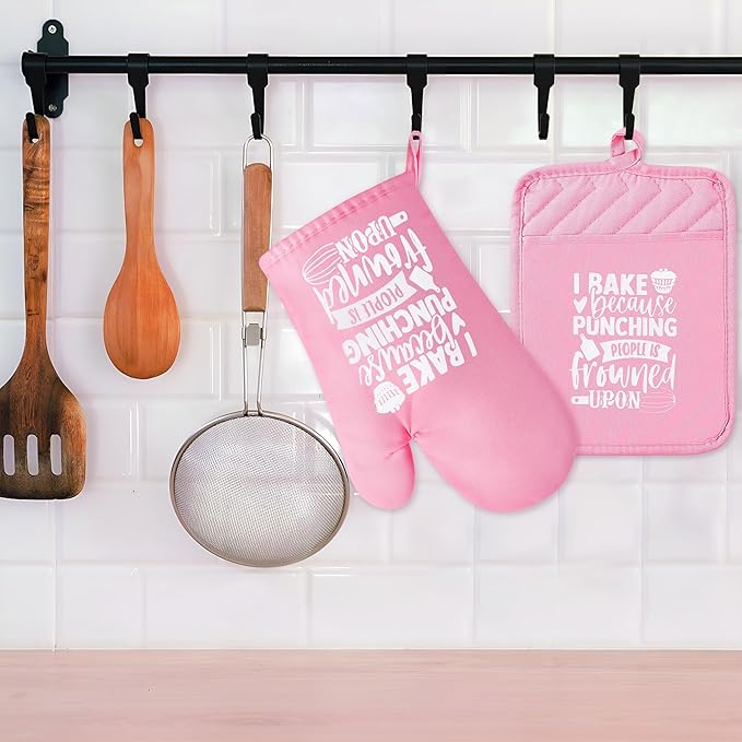 GROBRO7 6Pcs Cotton Oven Mitts Pot Holders Funny Women Resistant Hot Pads Machine Washable Microwave Gloves with Hanging Loop Pocket Potholder for Kitchen Baking Cooking GrillingPink