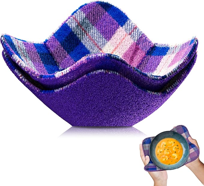 Set of 2 Purple with White Microwave Bowl Cloth Hot Pads - Multipurpose Heat Resistant Plate Holders - Hot Pads for Bouillon Cups - Pot Holder Microwavable Bowl Cozies for Food