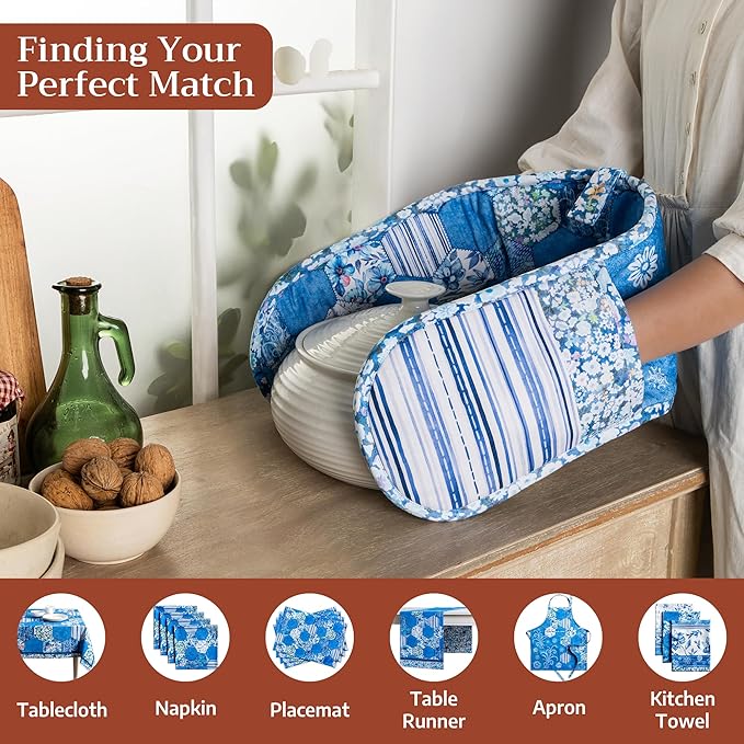 Maison d Hermine Summer Blue 100% Cotton Easter Double Oven Glove with Loop Heat Resistant for BBQ | Cooking | Baking | Grilling | Microwave | Barbecue | Spring/Summer (7.5 Inch by 35 Inch)