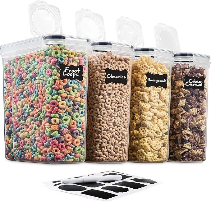 4 Pack Airtight Cereal & Dry Food Storage Container - BPA Free Plastic Kitchen and Pantry Organization Canisters for, Flour, Sugar, Rice, Nuts, Snacks, Pet Food & More (4L, 16.9 Cup, 135.5 Ounce