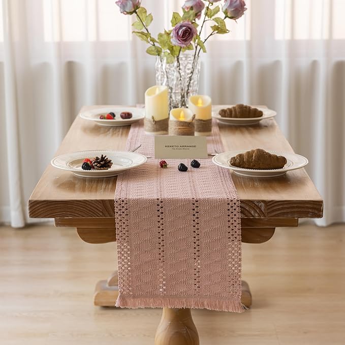 Keketoarrange Boho Pink Table Runner for Spring Decorations 12x72 Inches Farmhouse Small Macrame Woven Burlap Jute Rustic Coffee Table Runner Dresser Scarf Dining Kitchen Centerpiece Bohemian Decor