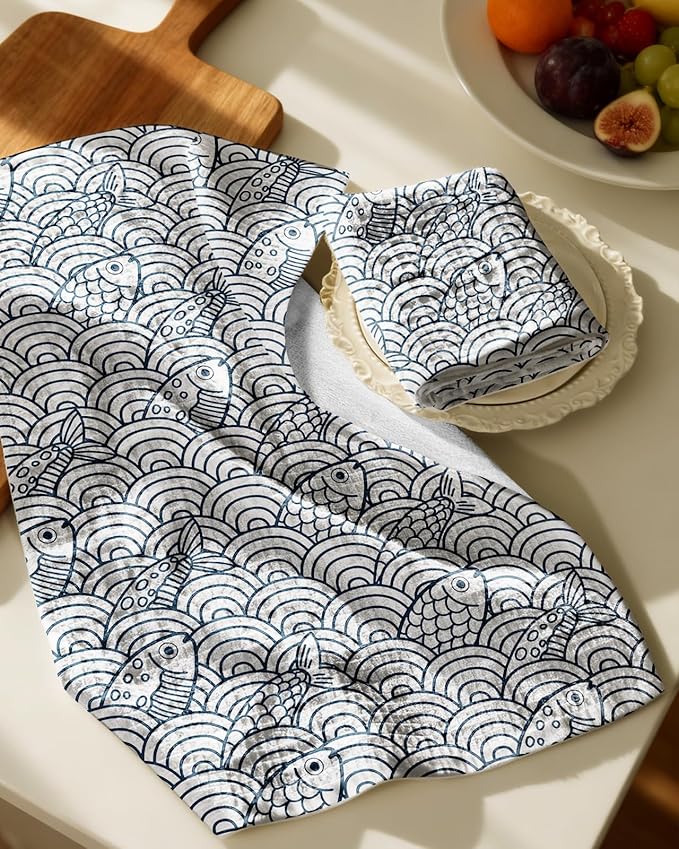 Miss Adola Cotton Waffle Kitchen Towels – Cute 370 GSM 16x25 Inch Terry Cloth Waffle Decorative Dishcloth for Kitchen Set of 2 with Hanging Loops Absorbent Hand Tea Towel for Home Design, Fish