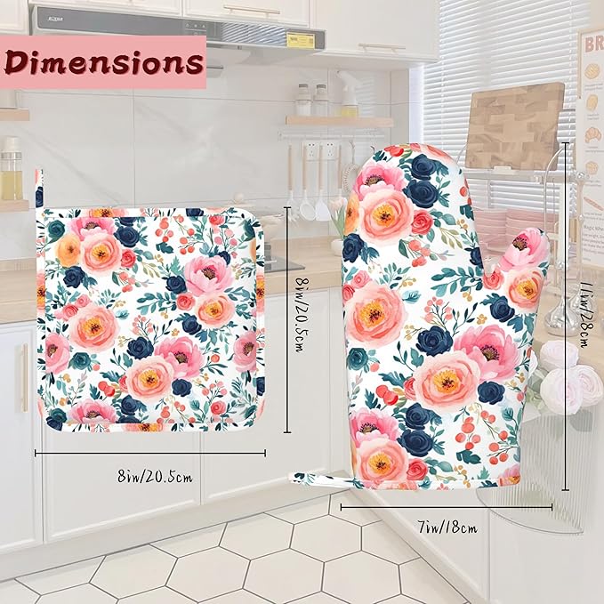 Pink Flowers Heat-Resistant Silicone Oven Mitts and Pot Holders,Long Oven Gloves with Non-Slip Grip for Cooking, Baking, Grilling,BBQ