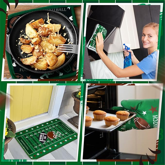 Fourluoo 10 Pcs Football Kitchen Decor Oven Mitts and Pot Holders Sets Football Dish Towels Pot Holders Sports Kitchen Rugs and Mats for Women Reusable Cooking Grilling Accessories Mom Gift