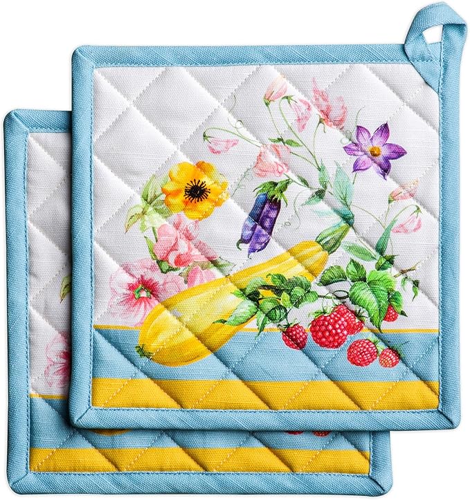 Maison d' Hermine Pot Holders 100% Cotton Heat Resistant Potholders 8" x 8" Hot Pads with Loop BBQ Cooking Baking Gifts for Mothers Day Handling Hot Pans Spring/Summer (Pack of 2, Giverny)