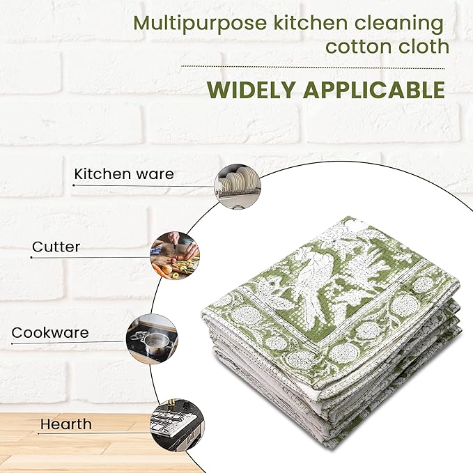 CPC Olive Green Hand Block Print Waffle Kitchen Towel Set of 3-16 x 28 Inch Ultra Absorbent Quick Dry Cotton Lightweight Reusable Sustainable Tea Towels for Cleaning and Drying Gift for Christmas