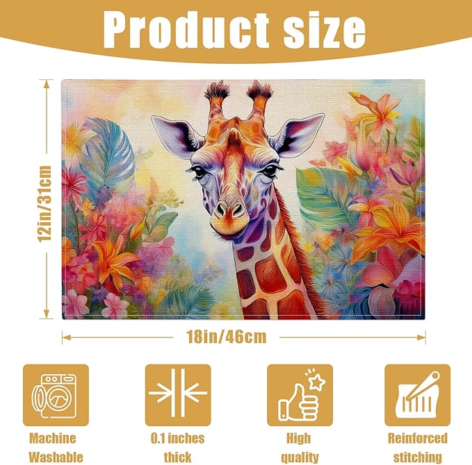 Watercolor Giraffe Placemats Set of 6, Flower Floral Linen Place Mat Washable Stain Resistant Table Mats for Farmhouse Kitchen Party Wedding Decor 12x18 Inch