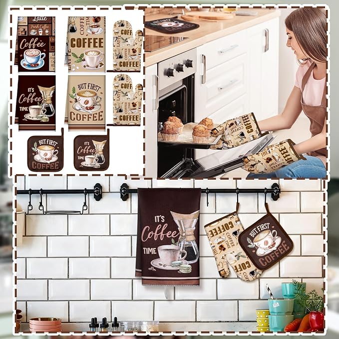 Fourluoo 8 Pcs Coffee Kitchen Towels and Dishcloths Sets Oven Mitts and Pot Holders Sets Absorbent Kitchen Gloves Potholders Heat Resistant for Chef Baking Cooking