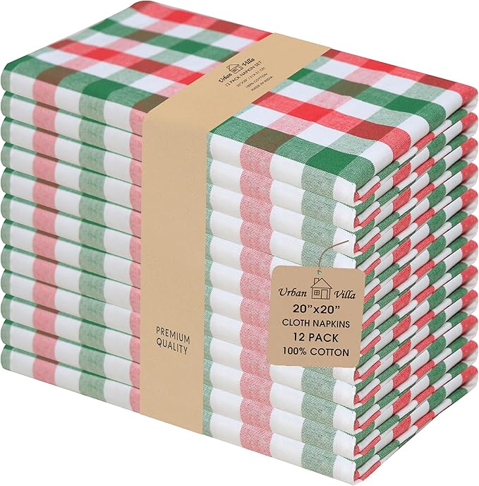 Urban Villa Cloth Napkins Set of 12 20x20 Inches 100% Cotton Napkins Cloth Washable Durable Reusable Absorbent Table Dinner Napkins Cloth for Christmas Hotel Lunch Restaurant Parties -X MAS Checks
