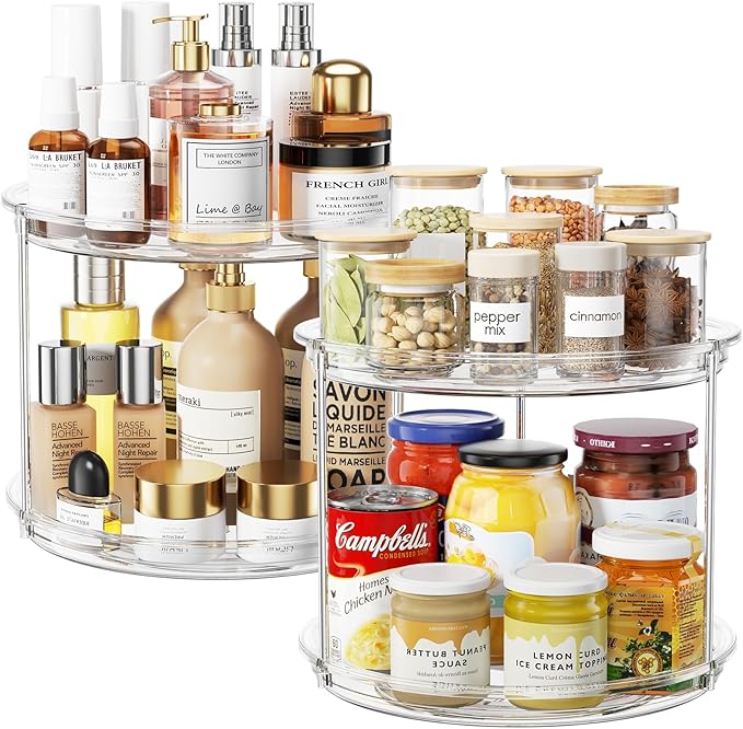 2 Pack 2 Tier Lazy Susan Organizer, 9.25'' Lazy Susan Turntable for Cabinet, Stackable Turntable Organizer Rotating Spice Rack Organization for Kitchen Countertop, Pantry, Bathroom, Clear