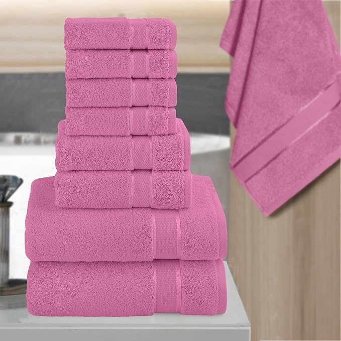 Elegant Comfort Premium Cotton 8-Piece Towel Set, Includes 4 Washcloths, 2 Hand Towels and 2 Bath Towels, 100% Turkish Cotton - Highly Absorbent and Super Soft Towels for Bathroom, Light Pink